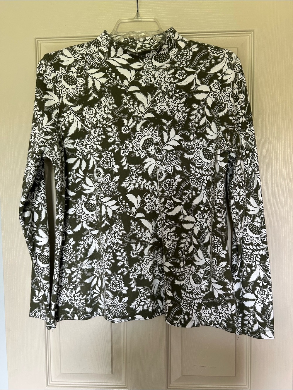 Kim Rogers Olive and White Floral Mock Neck Top
